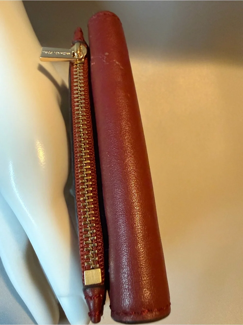Michael Kors Burgundy Leather Tri-Fold Wallet Gold Turn Lock Coin Pocket 🖤